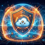 An illustration of a glowing shield and cloud representing website security and performance.