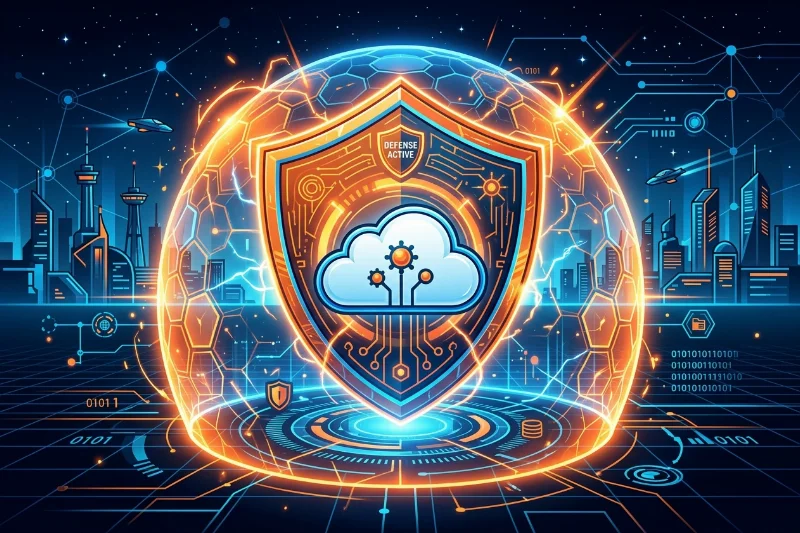 An illustration of a glowing shield and cloud representing website security and performance.