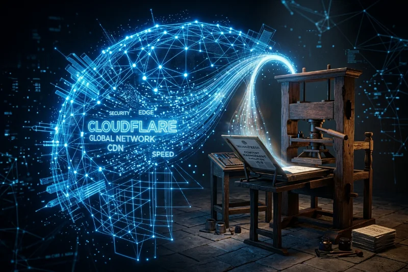 A conceptual digital art piece comparing modern edge computing with traditional content management systems.