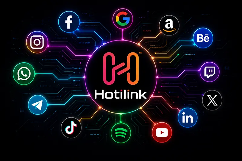 Hotilink logo surrounded by social website logos
